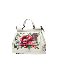 Dolce & Gabbana White Red And Green Sicily Rose Print Leather Handbag