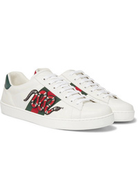 Gucci Ace Watersnake Trimmed Appliqud Leather Sneakers