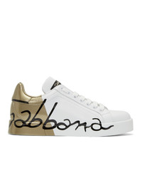 Dolce And Gabbana White And Gold Leather Portofino Sneakers
