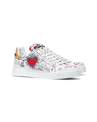 Dolce & Gabbana White Graffiti Heart Print Leather Sneakers