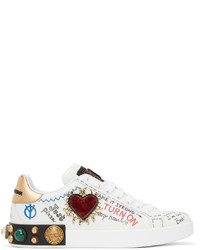 Dolce & Gabbana White Printed Portofino Sneakers