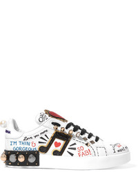Dolce & Gabbana Embellished Printed Leather Sneakers White