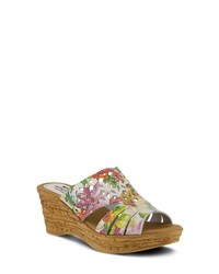 White Print Leather Wedge Sandals