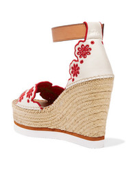See by Chloe Embroidered Laser Cut Suede And Leather Espadrille Wedge Sandals