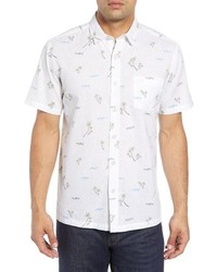 White Print Linen Short Sleeve Shirt