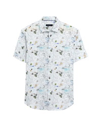 Bugatchi Ocean Map Print Short Sleeve Button Up Linen Shirt
