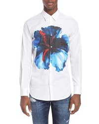DSQUARED2 Blue Hibiscus Extra Trim Fit Floral Print Sport Shirt