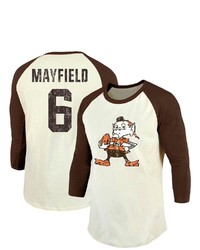 Majestic Threads Fanatics Branded Baker Mayfield Creambrown Cleveland Browns Vintage Player Name Number Raglan 34 Sleeve T Shirt