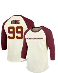 Majestic Threads Fanatics Branded Chase Young Creamburgundy Washington Football Team Vintage Player Name Number Raglan 34 Sleeve T Shirt