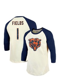 Majestic Threads Fanatics Branded Justin Fields Creamnavy Chicago Bears Player Name Number Raglan 34 Sleeve T Shirt