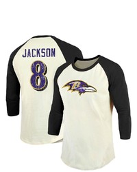 Majestic Threads Fanatics Branded Lamar Jackson Creamblack Baltimore Ravens Vintage Player Name Number Raglan 34 Sleeve T Shirt