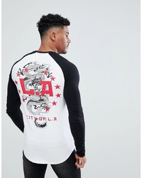 ASOS DESIGN Muscle Fit Longline Long Sleeve Raglan With Dragon Print And Curve Hem