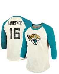 Majestic Threads Trevor Lawrence Creamteal Jacksonville Jaguars Vintage Player Name Number Raglan 34 Sleeve T Shirt