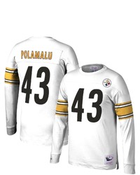 Mitchell & Ness Troy Polamalu White Pittsburgh Ers 2007 Retired Player Name Number Long Sleeve T Shirt