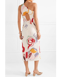 Cult Gaia Louise One Shoulder Cutout Floral Print Linen Midi Dress
