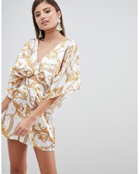 ASOS DESIGN Kimono Sleeve Playsuit With Cut Out Detail In Chain Print