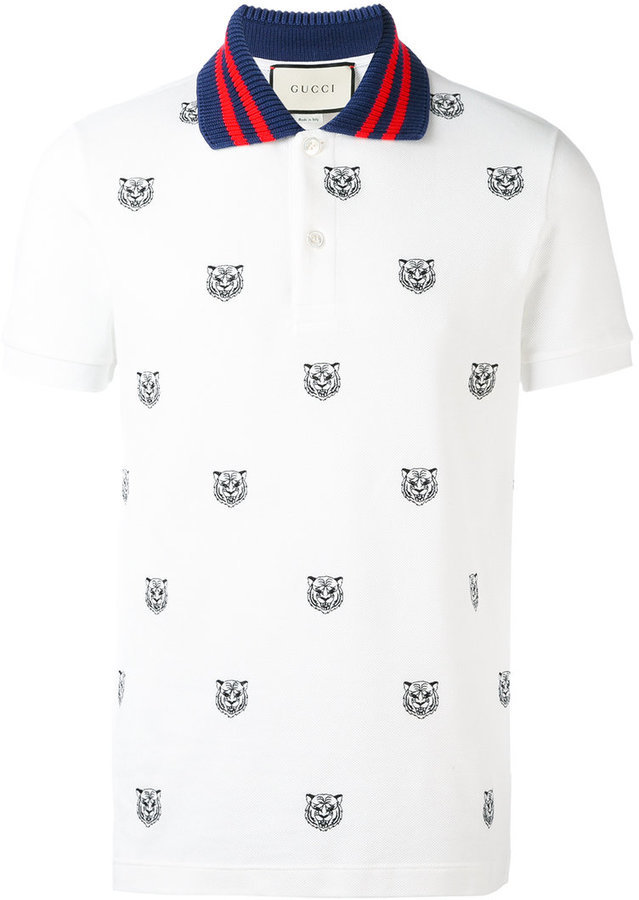 GUCCI Tiger Collar Polo Shirt - White da Uomo di GUCCI