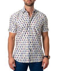 Maceoo Galileo Dog Print Short Sleeve Button Up Shirt In White At Nordstrom