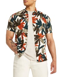 River Island Leaf Print Short Sleeve Button Up Shirt