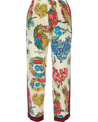 Gucci Grosgrain Trimmed Printed Silk Crepe De Chine Straight Leg Pants Ivory