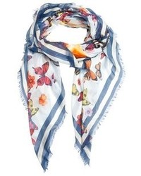 Alexander McQueen Blue And White Butterfly Printed Silk Blend Scarf