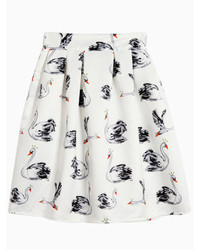Choies Swan Print High Waist Pleated Skirt In White