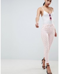 ASOS DESIGN Ridley High Waist Skinny Jeans In Pink Mono Print