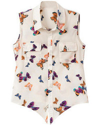Romwe Colorful Butterflies Asymmetric Pocketed Sleeveless Print Shirt
