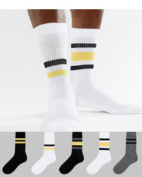 ASOS DESIGN Sports Style Socks In Monochrome With Yellow Stripes 5 Pack