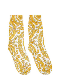 Versace White And Yellow Barocco Print Socks