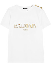 Balmain Button Embellished Printed Cotton Jersey T Shirt White