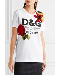 Dolce & Gabbana Embellished Printed Cotton Jersey T Shirt White