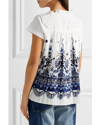 Sacai Printed Voile And Linen Blend Jersey T Shirt White