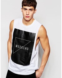 Asos Brand Sleeveless T Shirt With Dropped Armhole And Plastisol Weekend Print