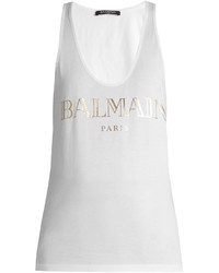 Balmain Logo Print Racer Back Cotton Jersey Tank Top