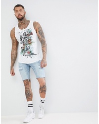 Religion Longline Vest In White With Curved Hem And Praying Skeleton Print