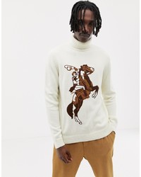 ASOS DESIGN Roll Neck Jumper In Ecru With Embroidered Cowgirl