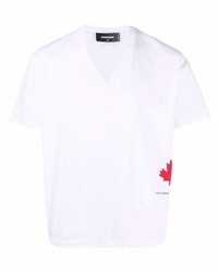 DSQUARED2 Maple Leaf Logo Print Distressed V Neck T Shirt