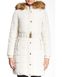 Donna Salyers Fabulous Furs Hooded Puffer White Coat With Faux Fur Trim