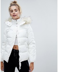 Bershka Padded Jacket With Faux Fur Hood In White