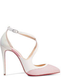 Christian Louboutin Crissos 110 Suede Trimmed Fishnet And Patent Leather Pumps White