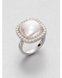 Majorica 15mm White Square Mabe Pearl Sterling Silver Halo Ring