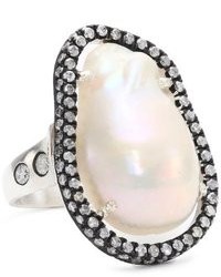 Jordan Alexander Slice Silver And Exterior White Pearl Slice And Two Rows Of Diamond Ring Size 7