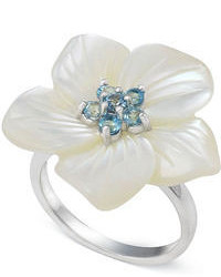 Mother of Pearl Sterling Silver Ring White And Blue Topaz Flower Ring