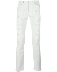Men's Light Blue Long Sleeve Shirt, White Ripped Jeans, Dark Brown ...