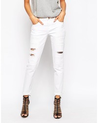 Asos Collection Kimmi Shrunken Boyfriend Jeans In White With Rip And Repair