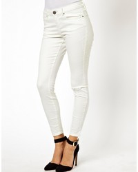 Asos Whitby Low Rise Skinny Ankle Grazer Jeans In White With Ripped Knee