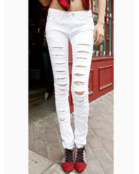 Choies White Skinny Jeans With Distressing
