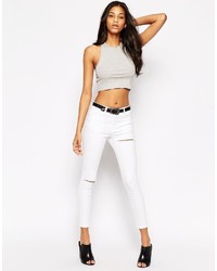 Asos Collection Lisbon Midrise Ankle Grazer In Rock White Wash With Thigh And Knee Rip