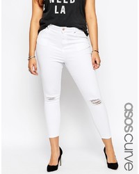 Asos Curve Ridley Skinny Ankle Grazer Jeans In White With Rip Destroy Busts